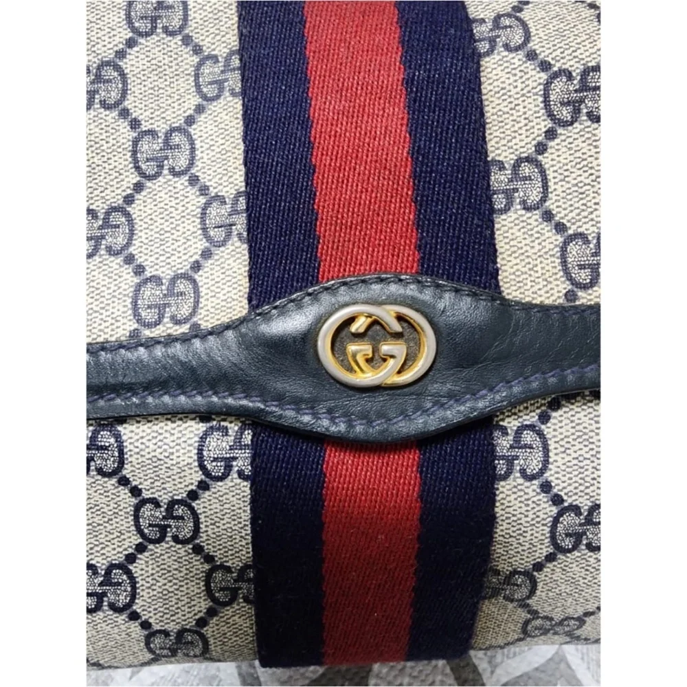 Authentic Gucci Vintage GG Sherry Line PVC Leather Clutch Beige/Navy Blue - Picture 7 of 14